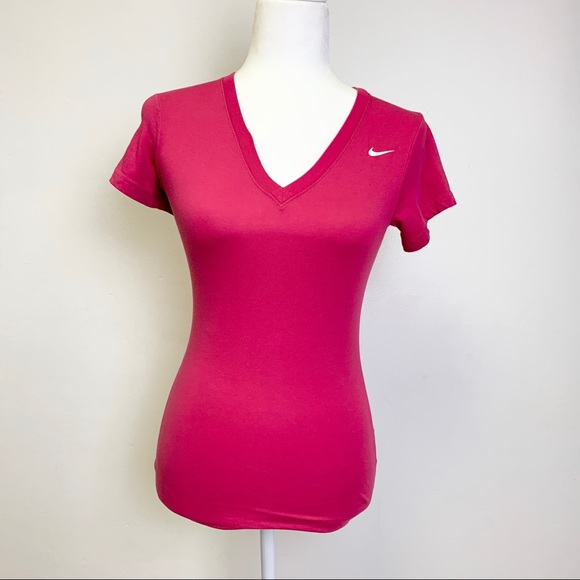 NWOT Nike Dri Fit Hot Pink V Cut Top Active Shirt - Picture 2 of 16